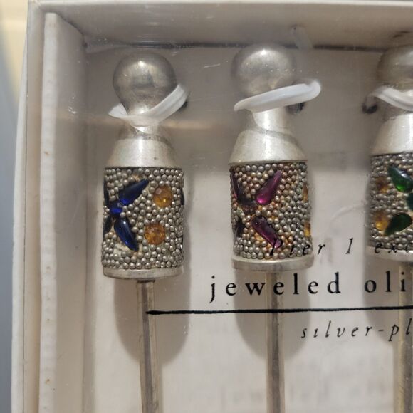 Vtg Pier 1 Exclusive Jeweled Silver Plated Olive Picks Jeweled Fancy Heavy Duty - Picture 5 of 8